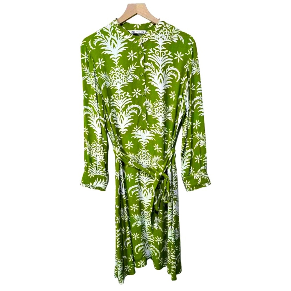Zara Lilou Dress beautiful green & white floral pattern, XL, midi length, L/S.
